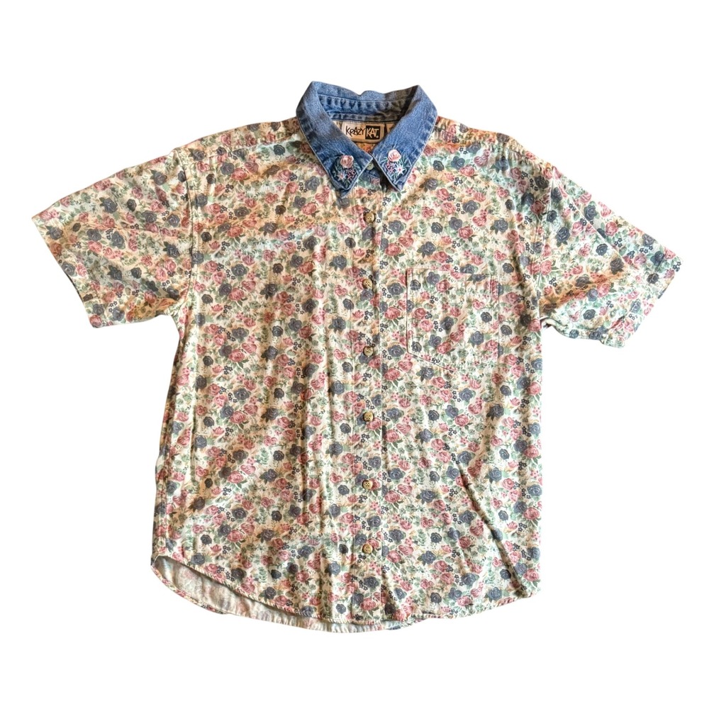 Krazy Kat Floral Short Sleeve Shirt Womens Large Multi Denim Collar Embroidered